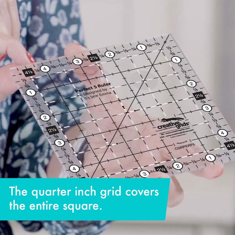 Creative Grids Perfect 5 Quilting Ruler 5in x 5in Square â€“ CGRPERF5 â€“ Made in USA, 5in x 5in, Non-Slip Grip Acrylic Quilting, Sewing, Crafting, Patchwork Ruler for Measuring & Cutting Fabric - Image 2